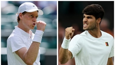 A combination picture shows Italy's Jannik Sinner and Spain's Carlos Alcaraz ahead of the Wimbledon men's singles final. July 12, 2025 (REUTERS)