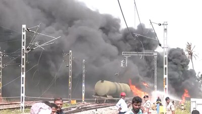 Visuals from the spot showed a diesel tanker on the freight train engulfed in massive flames, with thick black smoke rising from the blaze. (ANI/X) Visuals from the spot showed a diesel tanker on the freight train engulfed in massive flames, with thick black smoke rising from the blaze. (ANI/X)