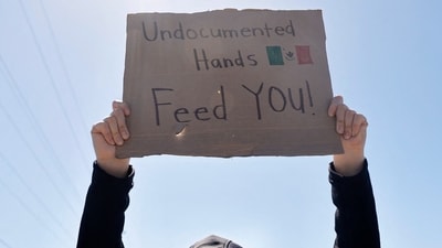 A protestor holds a sign reading "Undocumented Hands Feed You!" near federal agents blocking a road during an ICE immigration raid. (Getty Images via AFP)