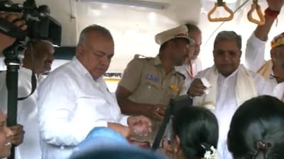 Siddaramaiah, DKS and Ramalinga Reddy distribute free tickets to women inside the bus while implementing Shakti scheme. Siddaramaiah, DKS and Ramalinga Reddy distribute free tickets to women inside the bus while implementing Shakti scheme.