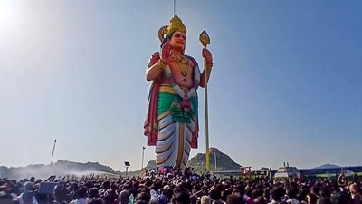 A 92-foot-tall Murugan statue is being consecrated as part of the Maha Kumbh Mela ceremony at the Theerthagiri temple, near Vellore, Tamil Nadu. (PTI) A 92-foot-tall Murugan statue is being consecrated as part of the Maha Kumbh Mela ceremony at the Theerthagiri temple, near Vellore, Tamil Nadu. (PTI)