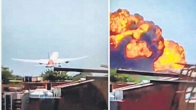 How the London-bound Air India plane crashed moments after taking off from the Ahmedabad airport on June 12. (PTI) How the London-bound Air India plane crashed moments after taking off from the Ahmedabad airport on June 12. (PTI)