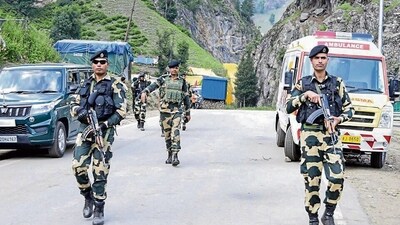 BSF personnel patrol during the Amarnath Yatra in Jammu on Saturday. (ANI)