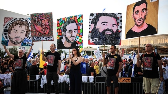 Thousands of demonstrators rallied in Israel on Saturday to demand that the government secure the release of 49 hostages still held in Gaza.(Reuters)