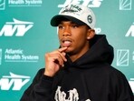 New York Jets wide receiver Garrett Wilson answers questions during a news conference at NFL football practice New York Jets wide receiver Garrett Wilson answers questions during a news conference at NFL football practice