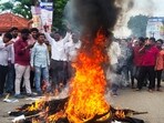 Political activists from the Biju Chhatra Janata Dal stage an effigy-burning protest after a student attempted self-immolation for allegedly being denied justice over "sexual harassment" by a teacher in Balasore, Odisha.