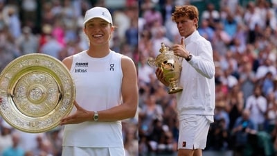Iga Swiatek and Jannik Sinner pose with their respective Wimbledon 2025 titles. (AP/Reuters) Iga Swiatek and Jannik Sinner pose with their respective Wimbledon 2025 titles. (AP/Reuters)