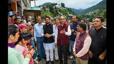 BJP MP Anurag Thakur with leader of Opposition Jai Ram Thakur visits disaster-hit areas in Mandi on Monday. (PTI) BJP MP Anurag Thakur with leader of Opposition Jai Ram Thakur visits disaster-hit areas in Mandi on Monday. (PTI)