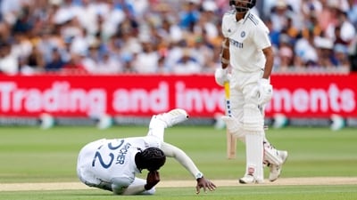 The moment which firmly made England favourites and ensured India would need something heroic to win — a one-handed tumbling catch off his own bowling by Archer, to dismiss Washington Sundar. India were down to their last batting pair, which would be broken even before lunch. (Action Images via Reuters)