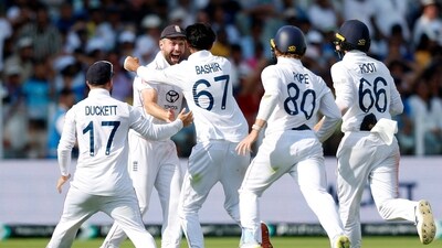 England's Shoaib Bashir celebrates with teammates after taking the last wicket of India's Mohammed Siraj (Action Images via Reuters)