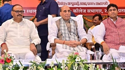 Defence minister Rajnath Singh (centre), UP deputy CM Brajesh Pathak (left) and president, Motilal Memorial Society, Kunwar Ujjwal Raman Singh, who is the Congress MP from Prayagraj, at an event in Lucknow on July 13. (Sourced) Defence minister Rajnath Singh (centre), UP deputy CM Brajesh Pathak (left) and president, Motilal Memorial Society, Kunwar Ujjwal Raman Singh, who is the Congress MP from Prayagraj, at an event in Lucknow on July 13. (Sourced)