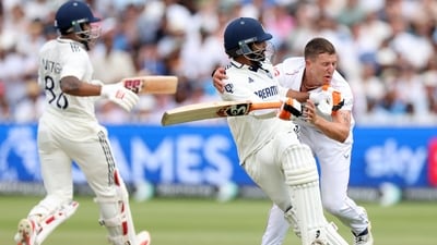 Ravindra Jadeja and Brydon Carse exchanged a few words after the two barged into each other (AP) Ravindra Jadeja and Brydon Carse exchanged a few words after the two barged into each other (AP)