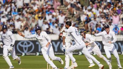 England players celebrate the winning moment against India in the third Test. The Lord's Cricket Ground was packed despite it being a Monday. (PTI) England players celebrate the winning moment against India in the third Test. The Lord's Cricket Ground was packed despite it being a Monday. (PTI)
