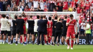 Andy Robertson overcome with emotion during the tributes to Diogo Jota (PA) Andy Robertson overcome with emotion during the tributes to Diogo Jota (PA)