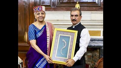 Himachal chief minister Sukhvinder Singh Sukhu meets Union finance minister Nirmala Sitharaman in New Delhi on Monday. (PTI)