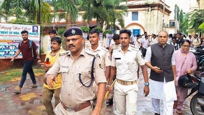 Police personnel investigate after a female student allegedly set herself on fire over sexual harassment at Fakir Mohan (Autonomous) College in Odisha's Balasore district. (PTI) Police personnel investigate after a female student allegedly set herself on fire over sexual harassment at Fakir Mohan (Autonomous) College in Odisha's Balasore district. (PTI)