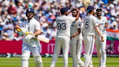 India's bowler Mohammed Siraj celebrates with teammates after taking the wicket of England's batter Ben Duckett during the fourth day of the third Test match (PTI) India's bowler Mohammed Siraj celebrates with teammates after taking the wicket of England's batter Ben Duckett during the fourth day of the third Test match (PTI)