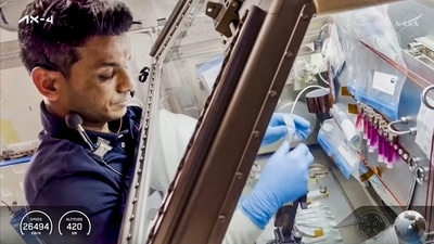 Shubhanshu Shukla and three other astronauts of the Axiom-4 mission began their return journey to Earth on Monday. (@NASA) Shubhanshu Shukla and three other astronauts of the Axiom-4 mission began their return journey to Earth on Monday. (@NASA)