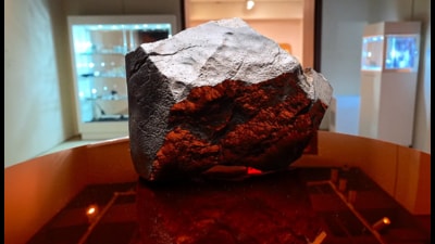 The largest-ever Martian meteorite is on display for the first time at Sotheby’s before the auction in New York City. (Getty Images) The largest-ever Martian meteorite is on display for the first time at Sotheby’s before the auction in New York City. (Getty Images)