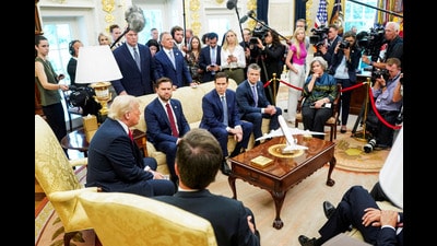 US President Donald Trump meets with NATO Secretary General Mark Rutte, where President Trump announces a deal to send US weapons to Ukraine through NATO, in the Oval Office at the White House in Washington, D.C., on July 14. (REUTERS) US President Donald Trump meets with NATO Secretary General Mark Rutte, where President Trump announces a deal to send US weapons to Ukraine through NATO, in the Oval Office at the White House in Washington, D.C., on July 14. (REUTERS)