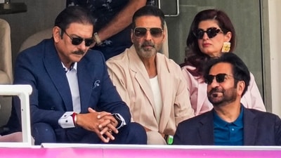 Former Indian cricketer Ravi Shastri and bollywood actor Akshay Kumar with wife and actor Twinkle Khanna on the fifth day of the third test cricket match between India and England, at the Lord's Cricket Ground, in London, (PTI) Former Indian cricketer Ravi Shastri and bollywood actor Akshay Kumar with wife and actor Twinkle Khanna on the fifth day of the third test cricket match between India and England, at the Lord's Cricket Ground, in London, (PTI)