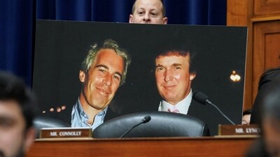 Rep. Jared Moskowitz (D., Fla.) holds up a photo of Donald Trump and Jeffrey Epstein during a House committee meeting in Washington, 2024. Rep. Jared Moskowitz (D., Fla.) holds up a photo of Donald Trump and Jeffrey Epstein during a House committee meeting in Washington, 2024.