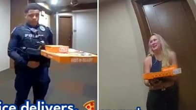 The footage shows two officers walking up to a home with pizza in hand and knocking on the door. (X/TempePolice) The footage shows two officers walking up to a home with pizza in hand and knocking on the door. (X/TempePolice)