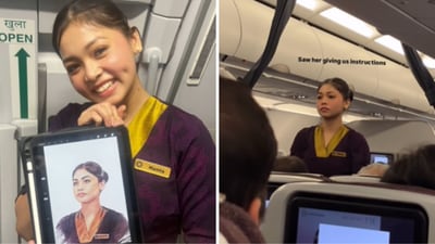 Digital artist Ayushi Singh filmed a flight attendant named Mumta as she gave safety instructions to passengers. (Instagram/ayushibyart) Digital artist Ayushi Singh filmed a flight attendant named Mumta as she gave safety instructions to passengers. (Instagram/ayushibyart)
