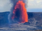 The United States Geological Survey (USGS) shows lava fountains shooting up high in the latest episode of an ongoing eruption of Kilauea volcano inside Hawaii Volcanoes National Park on Wednesday, June 11, 2025. (United States Geological Survey via AP)