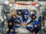 Astronaut Shubhanshu Shukla with crew members of the Axiom-4 mission and International Space Station (ISS). 