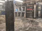 A view shows a flooded subway station in New York, 
