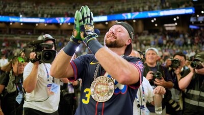 Seattle Mariners' Cal Raleigh celebrates after winning the MLB baseball All-Star Home Run Derby, Monday, July 14, 2025, in Atlanta. (AP) Seattle Mariners' Cal Raleigh celebrates after winning the MLB baseball All-Star Home Run Derby, Monday, July 14, 2025, in Atlanta. (AP)