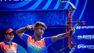 Archer Rishabh Yadav in action during the World Cup in Madrid. (World Archery Federation via Get) Archer Rishabh Yadav in action during the World Cup in Madrid. (World Archery Federation via Get)