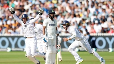 England's Jamie Smith and Ollie Pope celebrate after Shoaib Bashir takes the last wicket of India's Mohammed Siraj. (Action Images via Reuters)