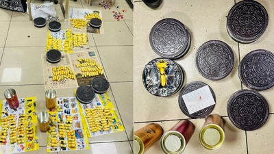 Officials found six large boxes of Oreo biscuits and three of chocolates in the passenger's bag. Officials found six large boxes of Oreo biscuits and three of chocolates in the passenger's bag.
