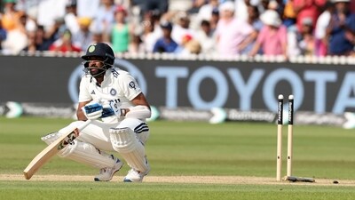 India's Mohammed Siraj reacts after losing his wicket on Day 5 at Lord's. (AP) India's Mohammed Siraj reacts after losing his wicket on Day 5 at Lord's. (AP)