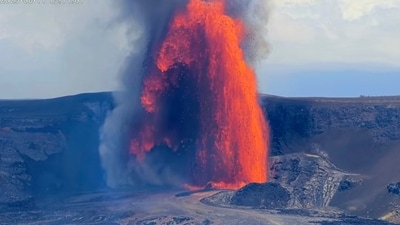 The United States Geological Survey (USGS) shows lava fountains shooting up high in the latest episode of an ongoing eruption of Kilauea volcano inside Hawaii Volcanoes National Park on Wednesday, June 11, 2025. (United States Geological Survey via AP) (AP)