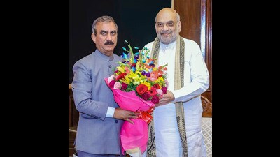 Himachal chief minister Sukhvinder SIngh Sukhu meets Union minister Amit Shah in New Delhi on Tuesday. (PTI) Himachal chief minister Sukhvinder SIngh Sukhu meets Union minister Amit Shah in New Delhi on Tuesday. (PTI)
