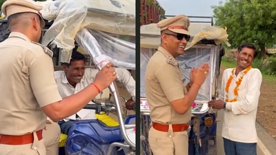 Madhya Pradesh cop Bhagwat Prasad Pandey's musical warning to an e-rickshaw driver has gone viral (Instagram/@bhagwat_prasad_pandey) Madhya Pradesh cop Bhagwat Prasad Pandey's musical warning to an e-rickshaw driver has gone viral (Instagram/@bhagwat_prasad_pandey)