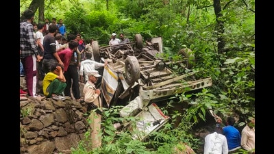 Mangled remains of the vehicle after it plunged into a gorge in Doda district on Tuesday. (PTI) Mangled remains of the vehicle after it plunged into a gorge in Doda district on Tuesday. (PTI)