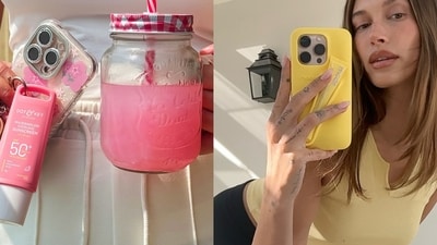 .Dot and Key’s clip-on sunscreen stick is perfect for commutes (L) and Hailey Rhode Bieber’s viral Rhode lip balm phone case (R) .Dot and Key’s clip-on sunscreen stick is perfect for commutes (L) and Hailey Rhode Bieber’s viral Rhode lip balm phone case (R)