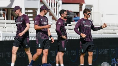 England's Zak Crawley, Jacob Bethell and others during a practice session. (PTI) England's Zak Crawley, Jacob Bethell and others during a practice session. (PTI)