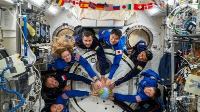Astronaut Shubhanshu Shukla with crew members of the Axiom-4 mission and International Space Station (ISS). (@JonnyKimUSA) Astronaut Shubhanshu Shukla with crew members of the Axiom-4 mission and International Space Station (ISS). (@JonnyKimUSA)