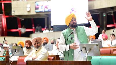 Punjab chief minister Bhagwant Mann taking part in the discussion on the anti-sacrilege Bill in the assembly in Chandigarh on Tuesday, the concluding day of the special session. (Ravi Kumar/HT) Punjab chief minister Bhagwant Mann taking part in the discussion on the anti-sacrilege Bill in the assembly in Chandigarh on Tuesday, the concluding day of the special session. (Ravi Kumar/HT)