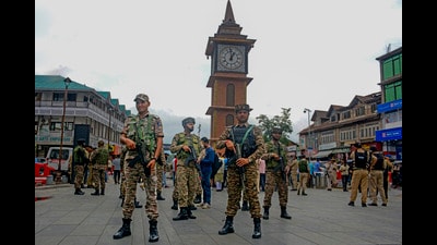 Security personnel keep vigil amid heightened security during the ongoing Amarnath Yatra, in Srinagar, on Tuesday. (PTI)