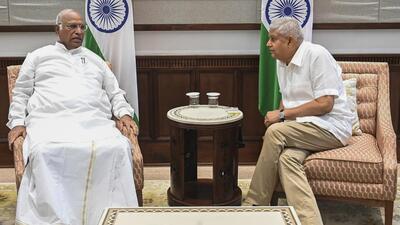 Vice president and Rajya Sabha chairman Jagdeep Dhankhar with Congress president Mallikarjun Kharge during a meeting ahead of the Monsoon session of Parliament in Delhi on Tuesday. (@kharge) Vice president and Rajya Sabha chairman Jagdeep Dhankhar with Congress president Mallikarjun Kharge during a meeting ahead of the Monsoon session of Parliament in Delhi on Tuesday. (@kharge)