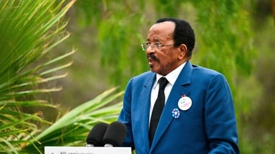 FILE - Cameroon President Paul Biya delivers a speech during a ceremony at the Boulouris National Cemetery in Boulouris-sur-Mer, south eastern France, Aug. 15, 2024. (Christophe Simon, Pool via AP, File) (AP) FILE - Cameroon President Paul Biya delivers a speech during a ceremony at the Boulouris National Cemetery in Boulouris-sur-Mer, south eastern France, Aug. 15, 2024. (Christophe Simon, Pool via AP, File) (AP)