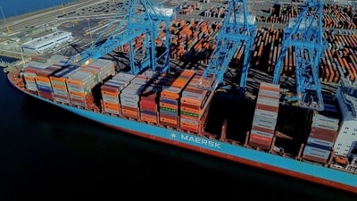 The Gunvor Maersk container ship at the Port of Los Angeles, Los Angeles, July 8. The Gunvor Maersk container ship at the Port of Los Angeles, Los Angeles, July 8.