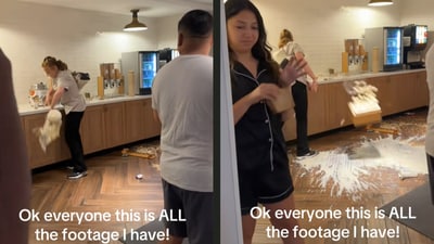 A woman was filmed destroying a breakfast buffet in a fit of rage (TikTok/@letaleja) A woman was filmed destroying a breakfast buffet in a fit of rage (TikTok/@letaleja)