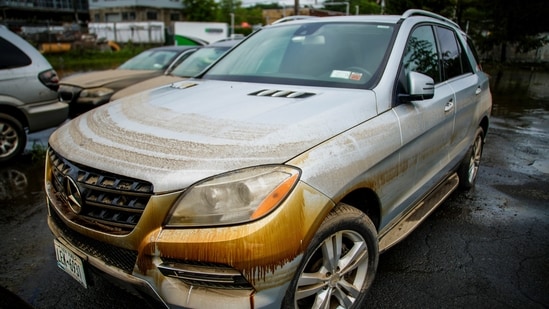 Water marks appear on a car as a result of heavy flooding in the Elmsford area of Westchester, New York. After hundreds of workers spent the night restoring operations, Janno Lieber, the chair and CEO of the Metropolitan Transit Authority, told ABC 7 in New York that complete subway service, as well as full Long Island Railroad and Metro North commuter rail service, was now available.&nbsp;(REUTERS)